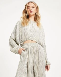 DRES-001 Kiyara Billowed Shimmer Plisse Top - Silver - FINAL SALE