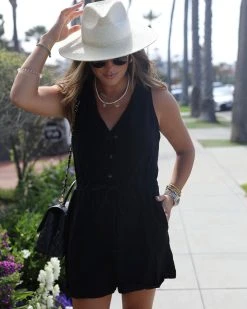 HYFV-001 Emily Pocketed Drawstring Romper - Black