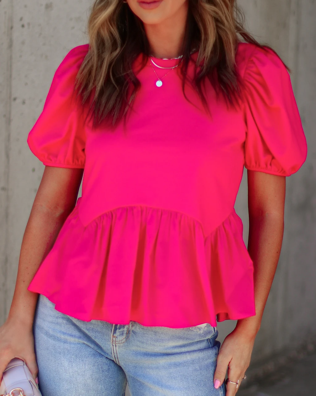 ENDL-001 Kaisley Puff Sleeve Peplum Top - Hot Pink - Image 2