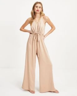 TYCH-001 Chelsea Satin Halter Cutout Jumpsuit - Tan - FINAL SALE
