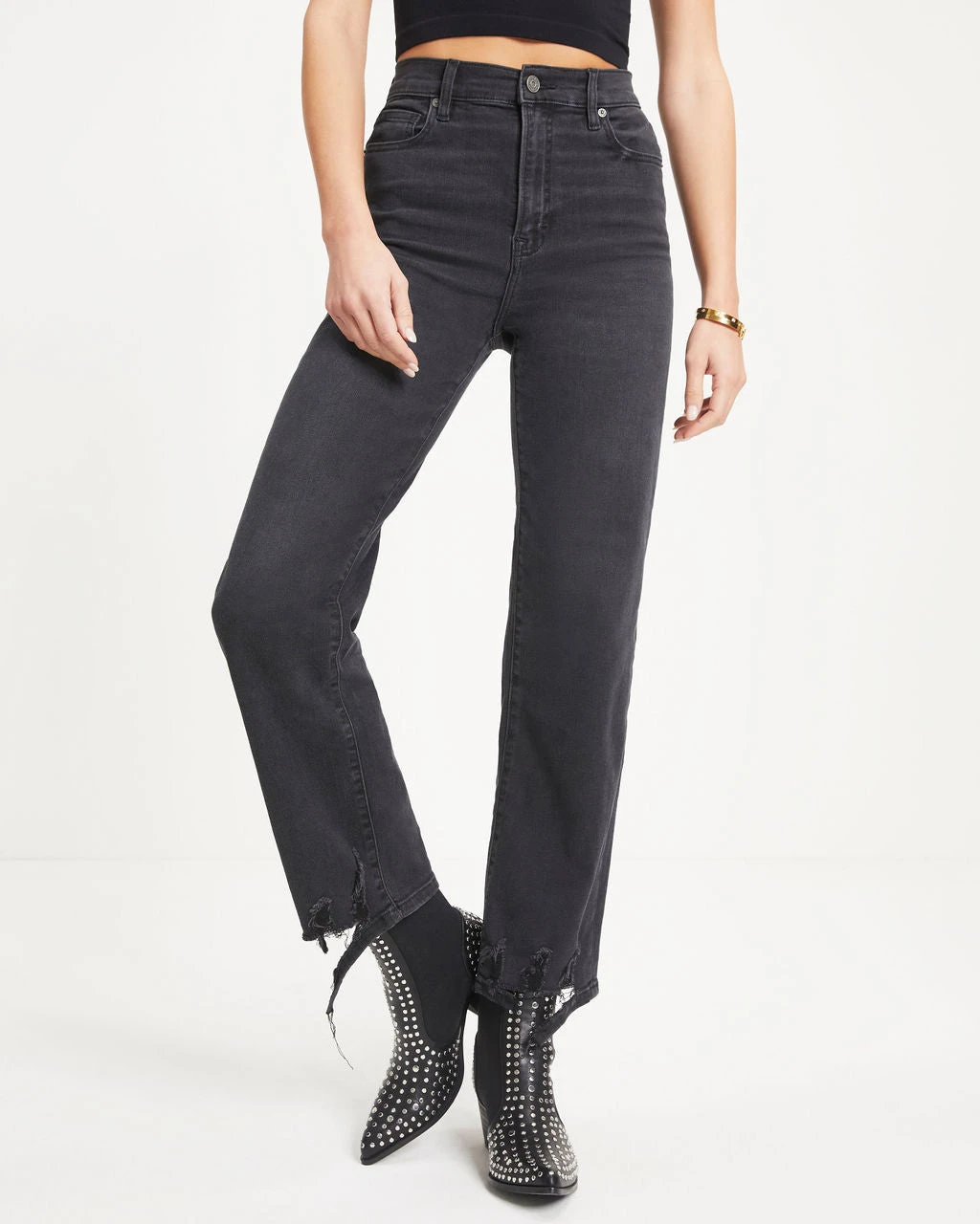 HIDD-002 Lively High Rise Stretch Distressed Wide Leg Jeans - Charcoal - FINAL SALE