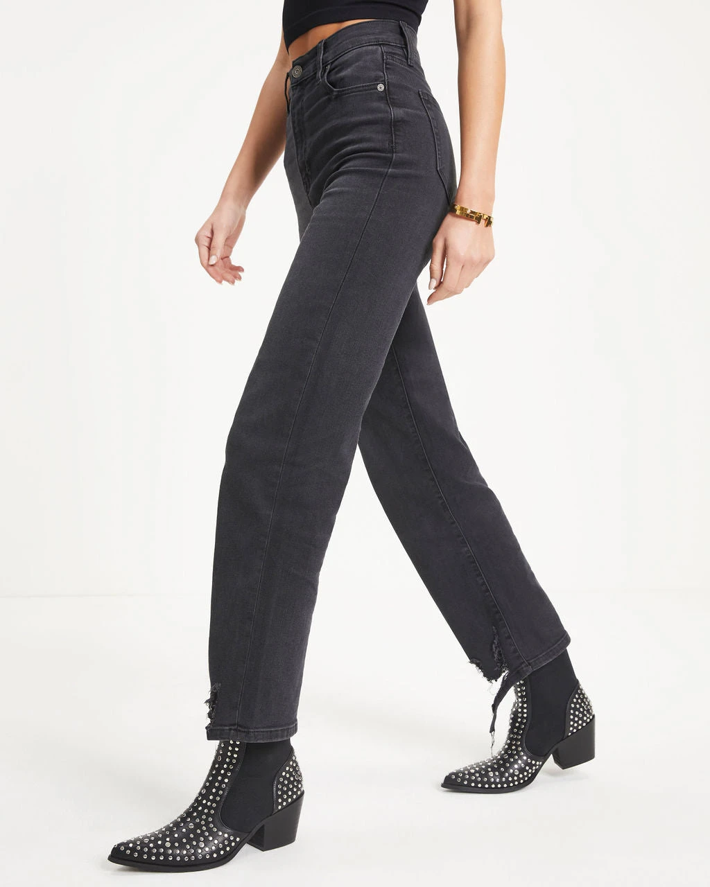 HIDD-002 Lively High Rise Stretch Distressed Wide Leg Jeans - Charcoal - FINAL SALE - Image 3