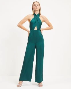 OLIA-001 Selena Satin Criss Cross Halter Jumpsuit - Hunter Green - FINAL SALE