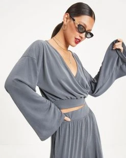 WHIT-001 Molly Wide Sleeve Crop Top - Charcoal - FINAL SALE