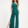 SUGA-001 Always On The List One Shoulder Front Tie Slit Jumpsuit - Hunter Green - FINAL SALE