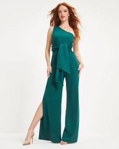 SUGA-001 Always On The List One Shoulder Front Tie Slit Jumpsuit - Hunter Green - FINAL SALE