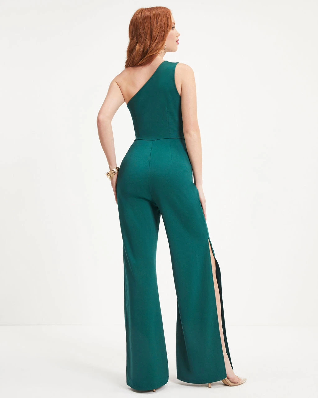 SUGA-001 Always On The List One Shoulder Front Tie Slit Jumpsuit - Hunter Green - FINAL SALE - Image 4