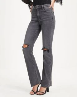 HIDD-002 Harlow High Rise Stretch Distressed Wide Leg Jeans - Charcoal - FINAL SALE