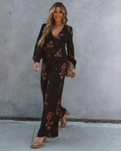 SUGA-001 Lily Rose Floral Wide Leg Jumpsuit - Black - FINAL SALE