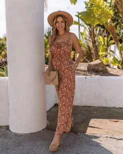DEE-001 Indiana Pocketed Floral Smocked Jumpsuit - Rust - FINAL SALE