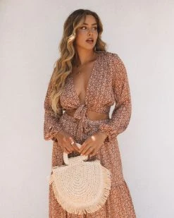 TYCH-001 Scenery Printed Tie Front Crop Blouse - Camel - FINAL SALE