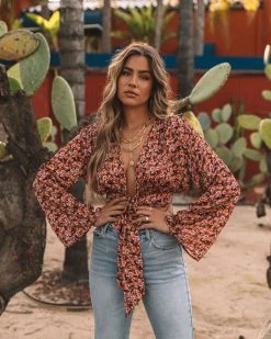 LOVE-004 Mirna Floral Satin Tie Front Crop Blouse - FINAL SALE