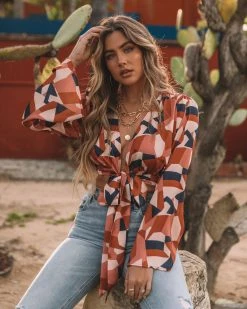 LOVE-004 Ovie Printed Satin Tie Front Crop Blouse - FINAL SALE