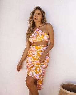 LUMI-001 Graciela Satin Printed Halter Crop Top - Orange Multi - FINAL SALE