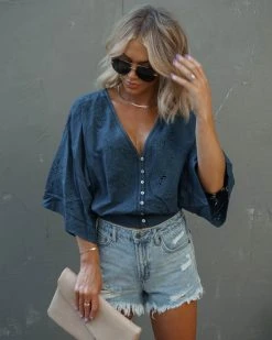 LOVE-003 Je T'aime Eyelet Button Down Top - Teal - FINAL SALE