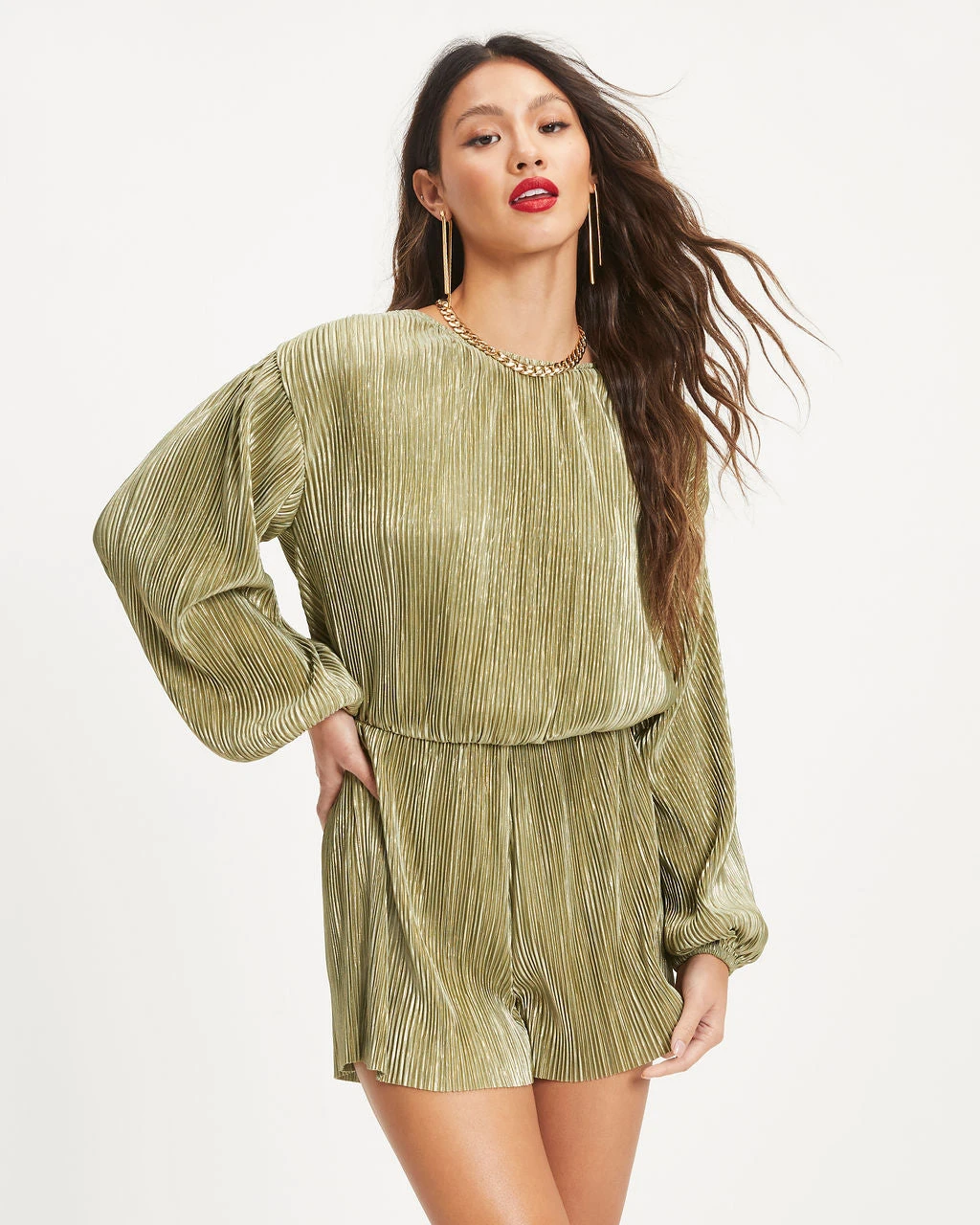 FLAT-001 Good Vibes Only Plisse Metallic Romper - Sage - FINAL SALE - Image 6