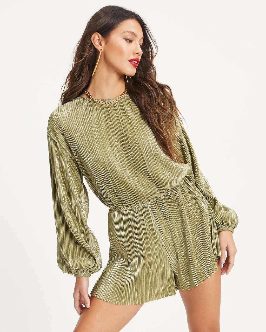 FLAT-001 Good Vibes Only Plisse Metallic Romper - Sage - FINAL SALE