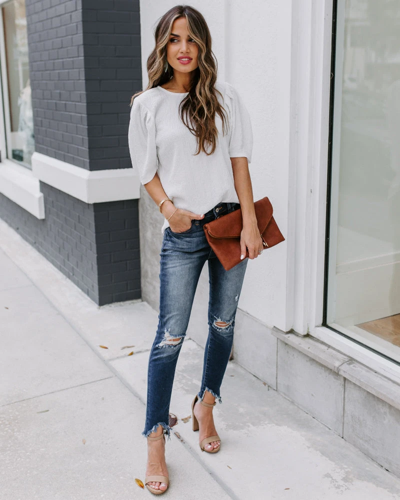 ENTR-001 Clarice Statement Sleeve Textured Top - Off White - FINAL SALE - Image 9