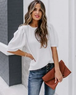 ENTR-001 Clarice Statement Sleeve Textured Top - Off White - FINAL SALE