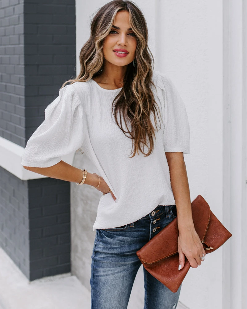 ENTR-001 Clarice Statement Sleeve Textured Top - Off White - FINAL SALE