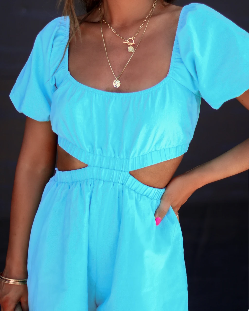 DEE-001 Jimena Cotton Linen Blend Cutout Romper - Aqua - Image 3