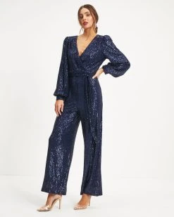 SKIE-001 Whole New World Sequin Front Tie Jumpsuit - Navy - FINAL SALE