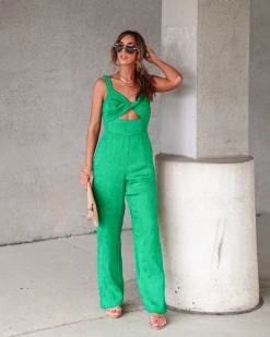 ENDL-001 Lacey Plisse Cutout Pocketed Jumpsuit - Green