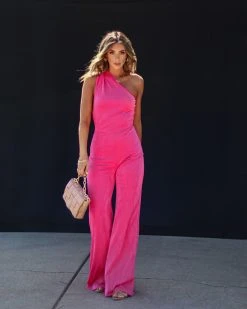 SKYL-002 Made You Look One Shoulder Back Cutout Jumpsuit - Hot Pink