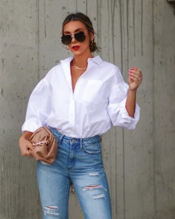 OLIV-001 Daydreaming Cotton Balloon Sleeve Button Down Top - White - SALE