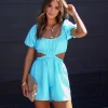 DEE-001 Jimena Cotton Linen Blend Cutout Romper - Aqua