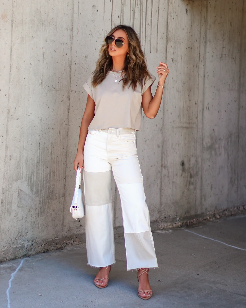 MIOU-001 Checkmate Denim Frayed Hem Pants - Beige Combo