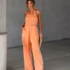 DAVI-001 Aria Satin Smocked Pocketed Jumpsuit - Dusty Orange - SALE