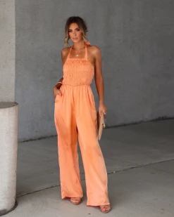 DAVI-001 Aria Satin Smocked Pocketed Jumpsuit - Dusty Orange - SALE