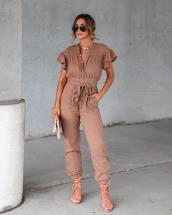 IDEM-001 Fatima Cotton Pocketed Flutter Sleeve Jumpsuit - Mocha