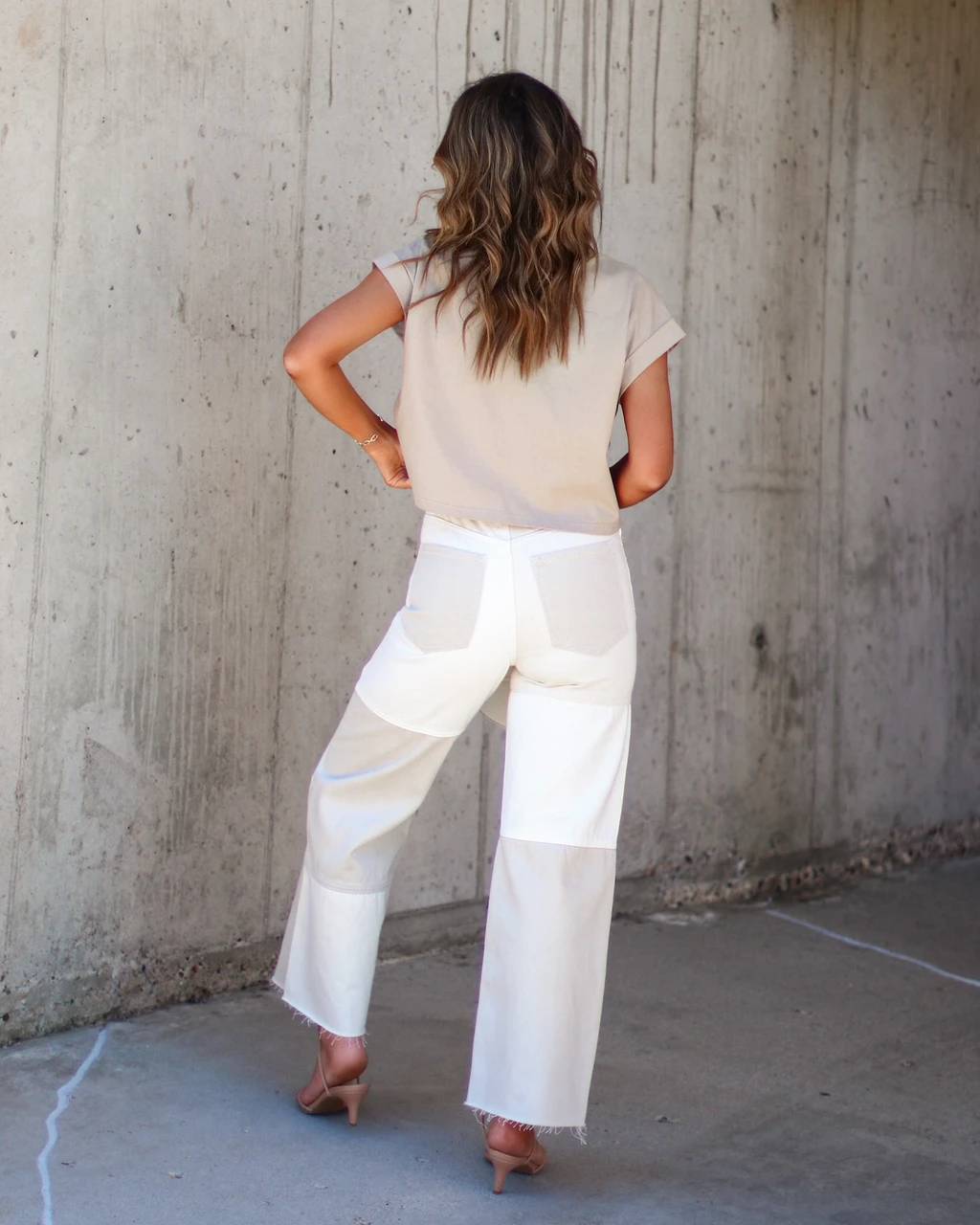 MIOU-001 Checkmate Denim Frayed Hem Pants - Beige Combo - Image 4