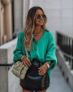 ENDL-001 Dulce Accent Sleeve Button Down Blouse - Green - FINAL SALE