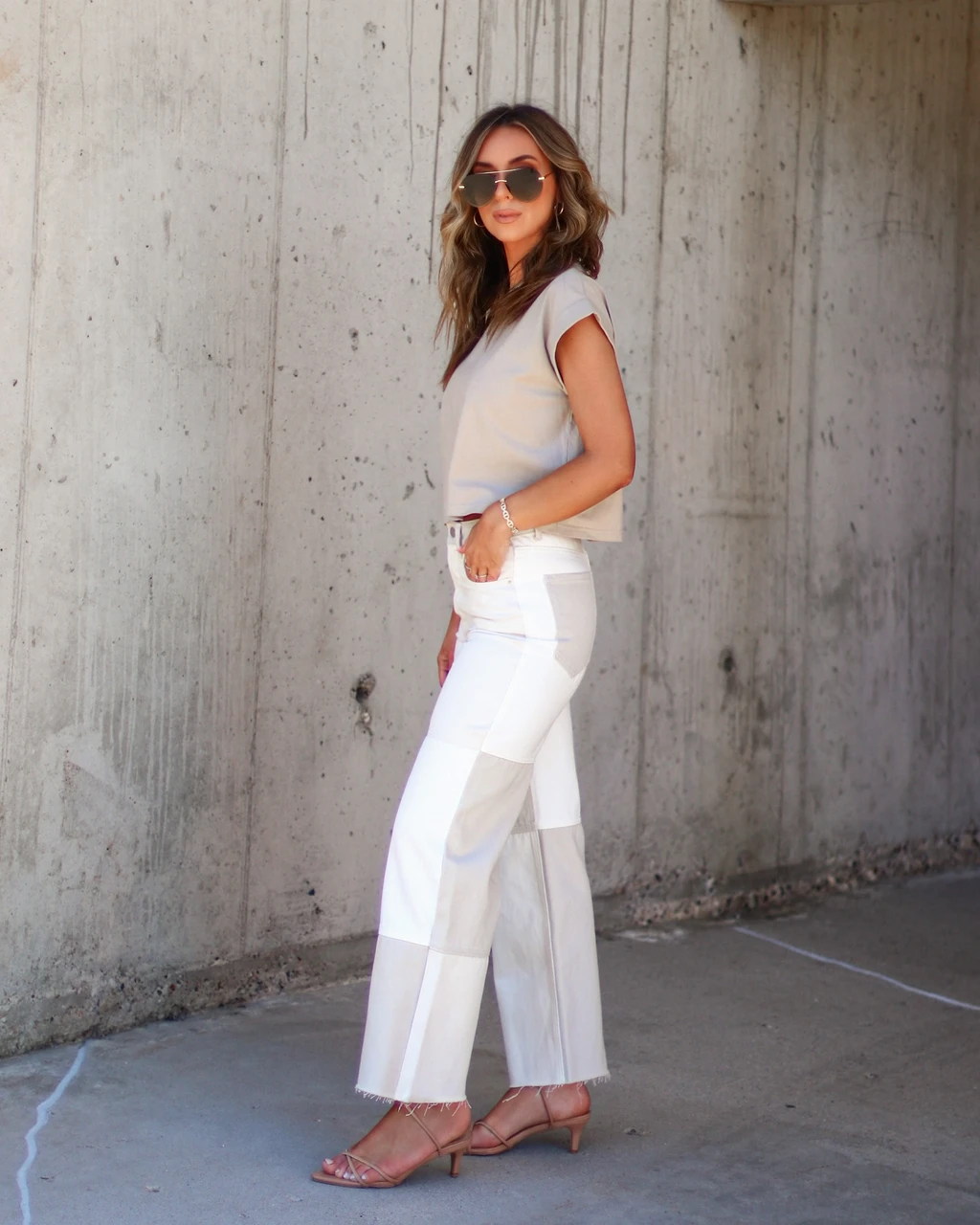 MIOU-001 Checkmate Denim Frayed Hem Pants - Beige Combo - Image 5