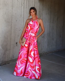 AAKA-001 Bonnie Satin Printed Halter Pocketed Jumpsuit - SALE