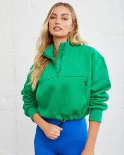 ALL-001 Athletic Cotton Blend Pocketed Half Zip Pullover - Green - FINAL SALE