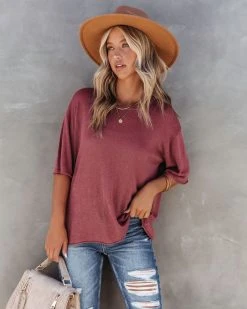 BY T-001 Abigail Knit Relaxed Short Sleeve Top - Maroon - FINAL SALE