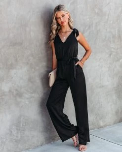 TYCH-001 Adrienne Pocketed Satin Jumpsuit - Black - FINAL SALE
