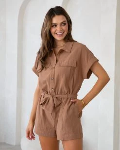 MUST-001 Adventure Seeking Cotton Utility Romper - Dark Taupe - FINAL SALE