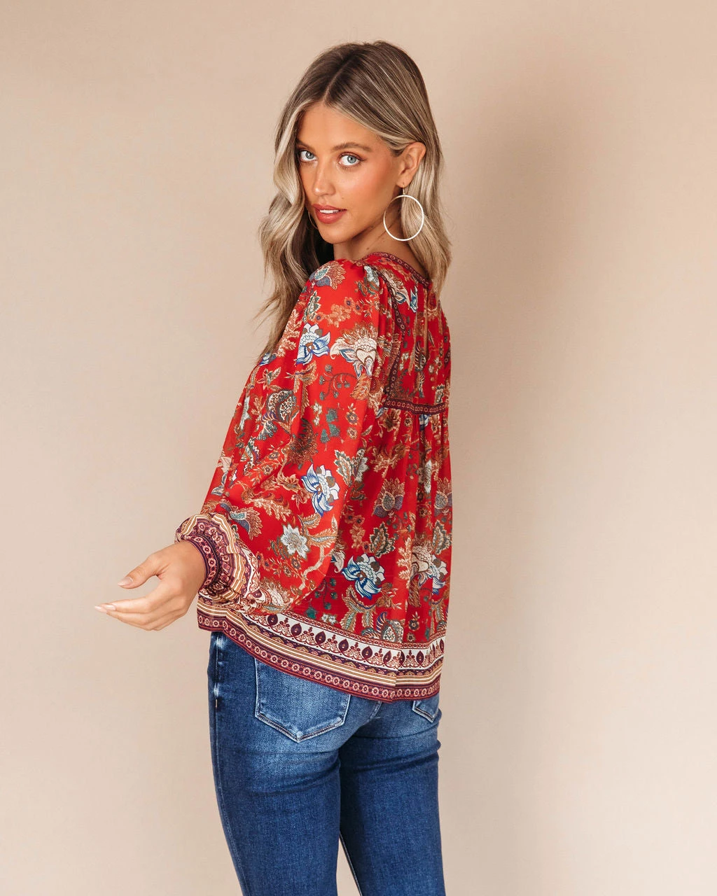 SALT-001 Aliana Foral Long Sleeve Top - Red - FINAL SALE - Image 4
