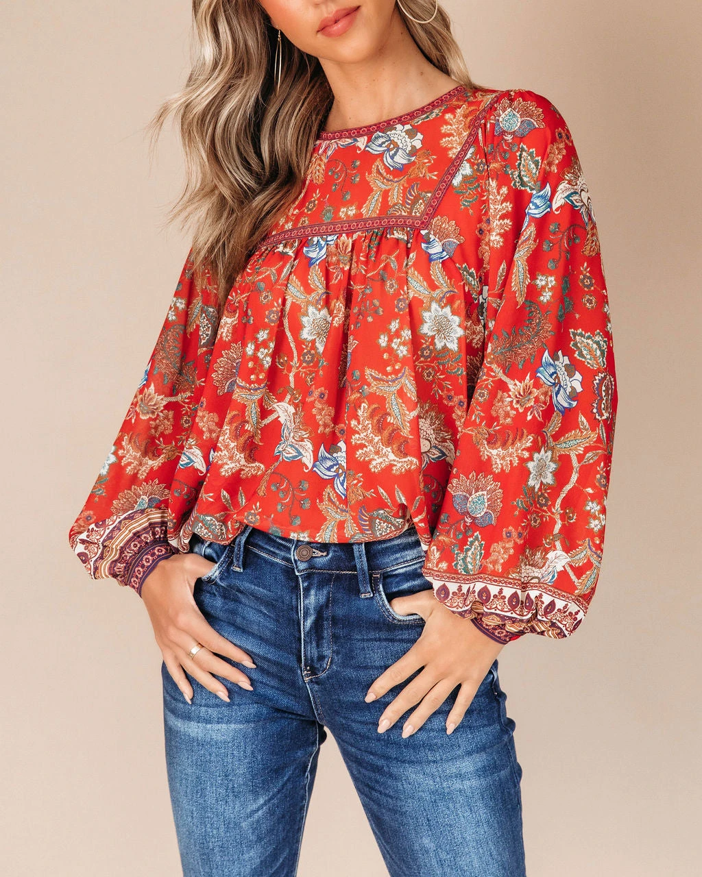 SALT-001 Aliana Foral Long Sleeve Top - Red - FINAL SALE - Image 6