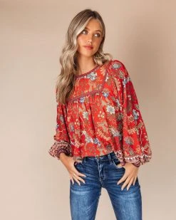 SALT-001 Aliana Foral Long Sleeve Top - Red - FINAL SALE