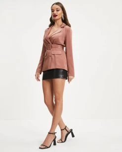 DEE-001 All That Jazz Satin Belted Blazer - Chestnut - FINAL SALE