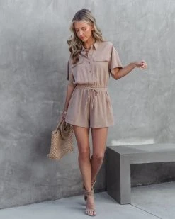 GILL-001 Always Jet Setting Pocketed Drawstring Romper - Mocha - SALE