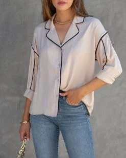 LUMI-001 Always Right Satin Notch Collared Button Up Blouse - FINAL SALE