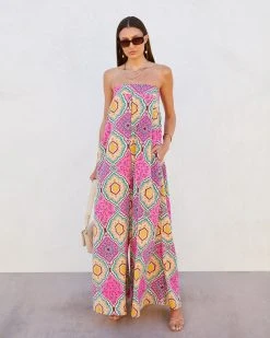 AAKA-001 Amara Strapless Printed Pocketed Wide Leg Jumpsuit