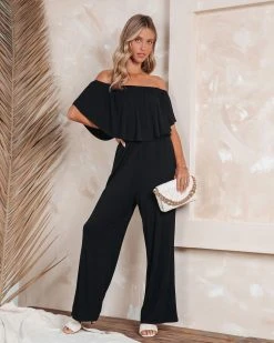 SUGA-001 Antonella Off The Shoulder Pocketed Jumpsuit - Black - SALE